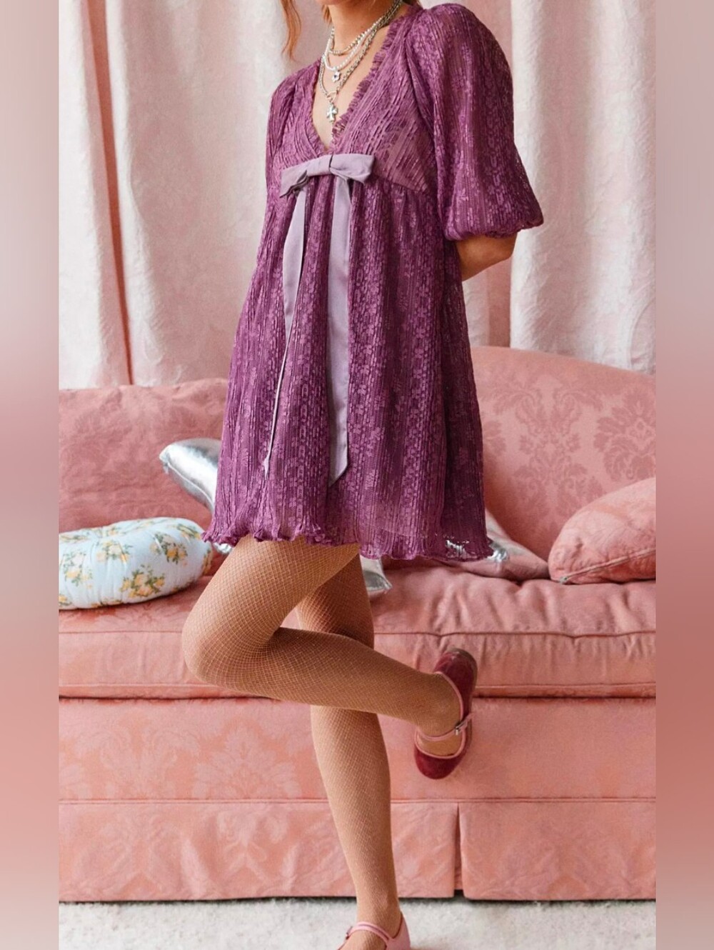 Kimchi Blue Urban Outfitters Margaret Babydoll Mini Dress Size L - Picture 3 of 12